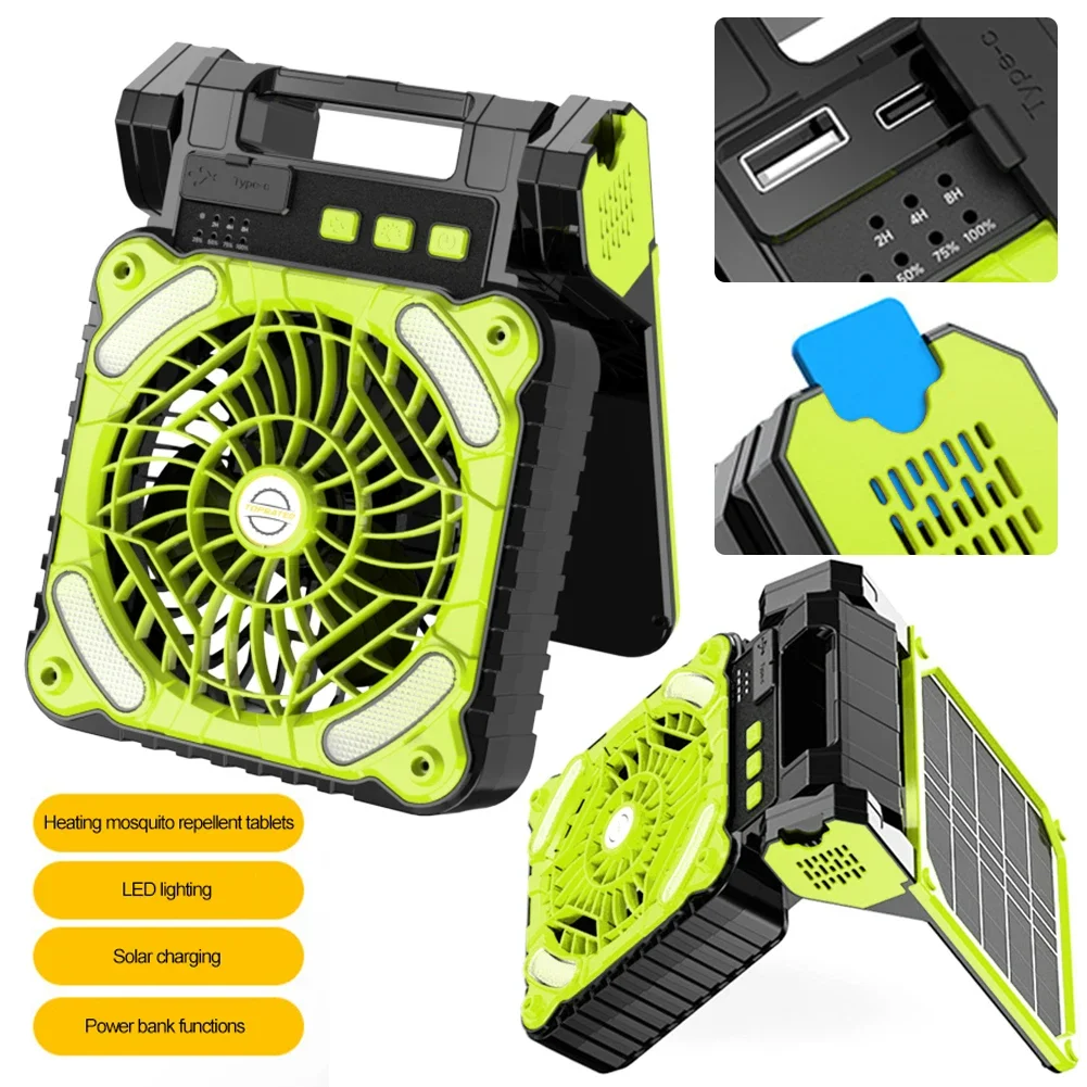 7800mAh Camping Fan With Light Wireless Solar Fan Rechargeable Portable Table Fan 90 Degree Folding Fan Light for Outdoor