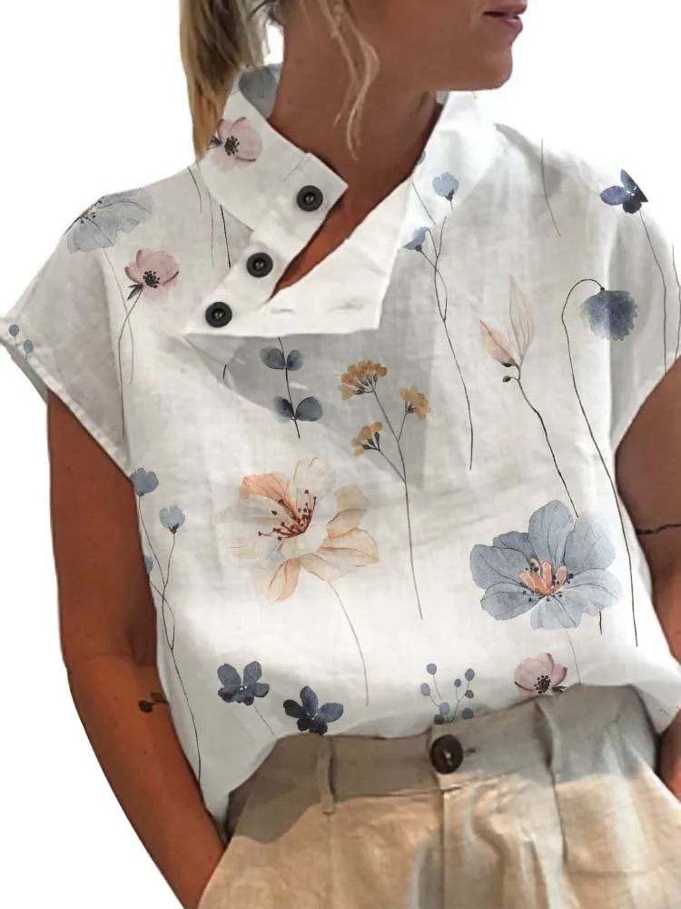 Celmia blus katun Linen wanita, atasan tunik longgar ukuran besar, blus lengan pendek Turtleneck mode 2025
