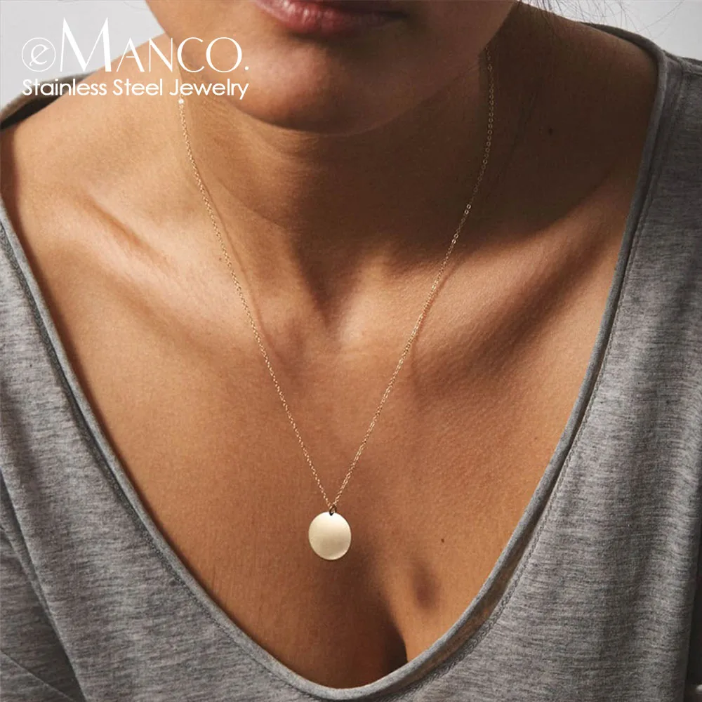 eManco Women's Simple Round Pendant Necklace Stainless Steel Clavicle Necklace Long Chain Fashion Jewelry Statement Girl's Gift