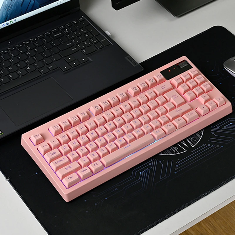 87 Key RGB Ball Cap Wired Membrane Keyboard 2.4G Wireless Charging Pink Gaming Keyboard With Scroll Wheel Office Gaming Glow