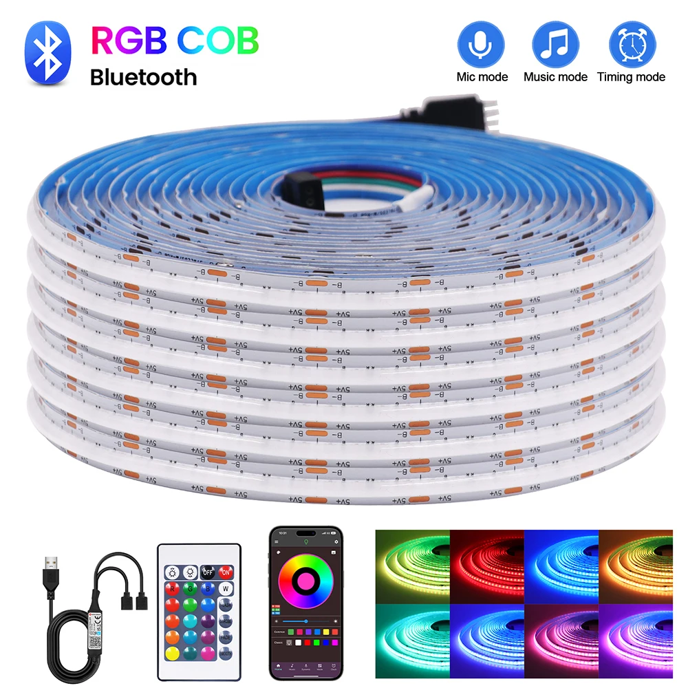 DC 5V USB RGB COB Light Strip 576LEDs/m Bluetooth 24 44keys with Music COB Linear Tape Room Blacklight Decor 0.5m 1m 2m 3m 4m 5m