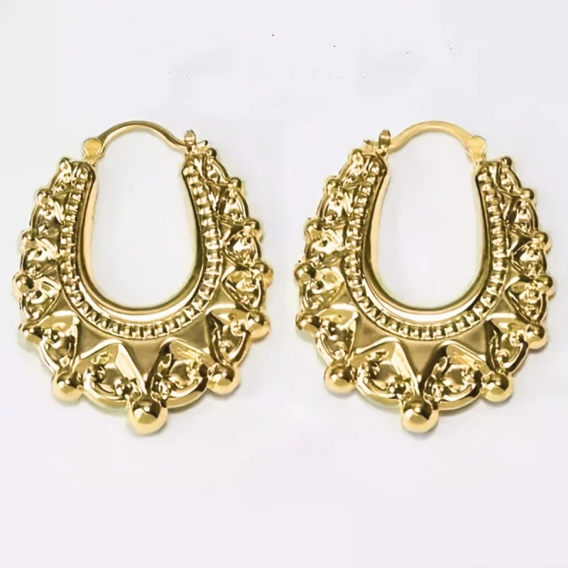Huitan Scalloped Textured Royal Hoop Earrings for Women Gold Color Party Luxury Novel Classic Daily Wedding Trendy Metal Jewelry