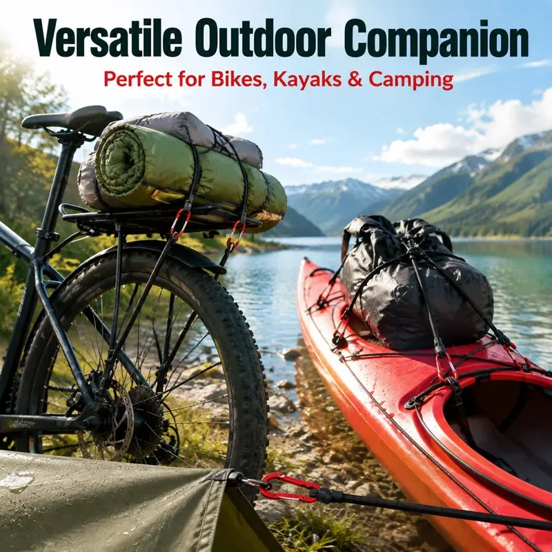 Heavy Duty Bungee Cord Elastic Tie Strap String Carabiner Hooks Kayak Cycling Luggage Packing Ropes Camping Accessories
