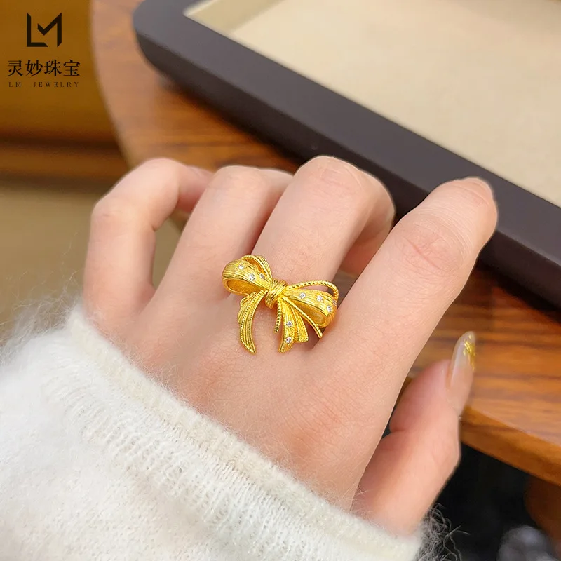 

9999 24K real gold luxury jewelry point diamond star river bow ring brushed wedding ring versatile fashion gift girlfriend