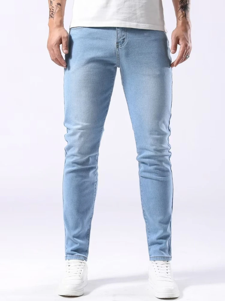 

New Men's Jeans Light Blue Stretch Slim Breathable Business Casual Denim Trousers Brand Clothing Straight Classic Male Pants