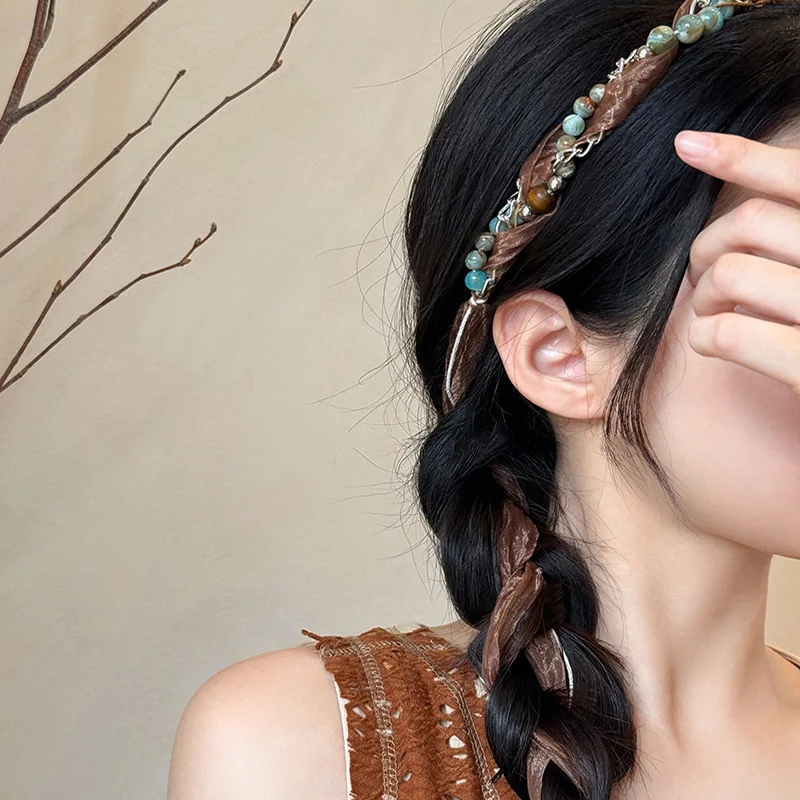 

Bohemian Ethnic Style Natural Stone Waist Belt for Women Retro Mesh Braided Headband Dress Waist Chain Hair Accessory