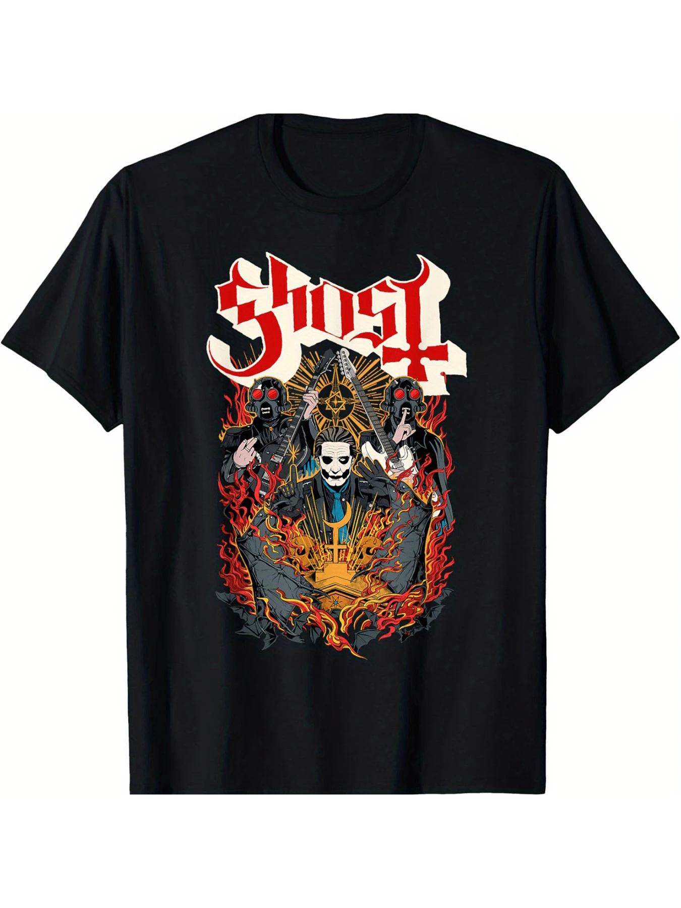 

Ghost Band Logo With Flames And Skulls Men and women's short sleeve T-shirt black round neck