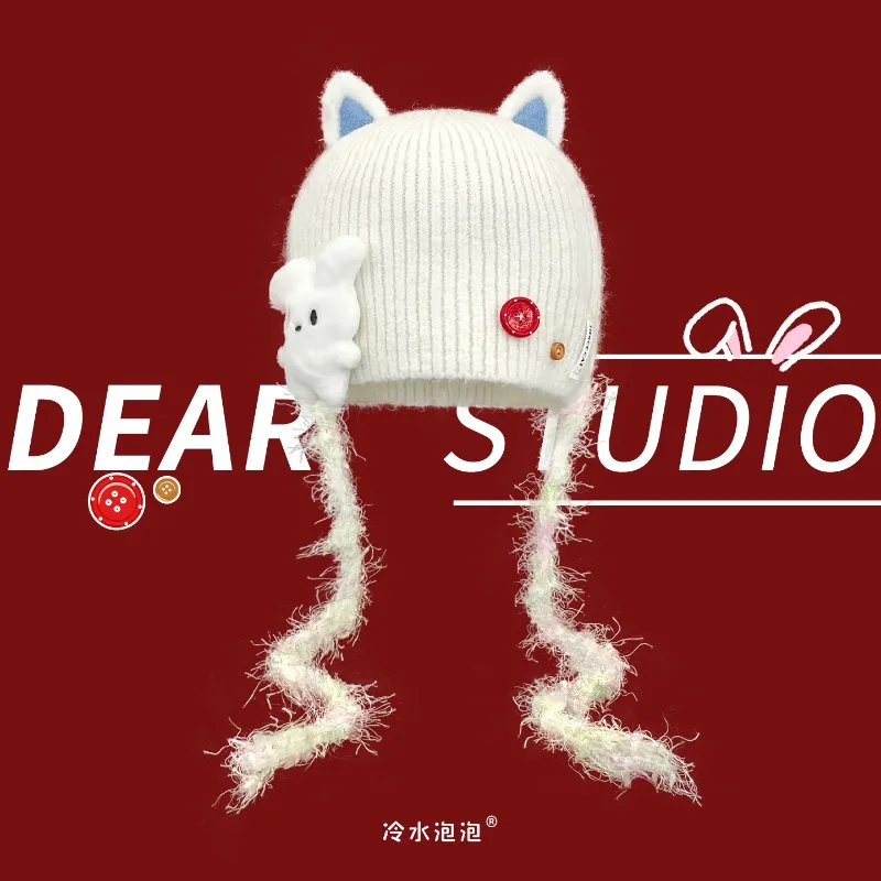 

Cute Cartoon Rabbit Patch Knitted Beanies Y2K Autumn Winter Casual Warm Versatile Personality Pullover Hats for Men and Women