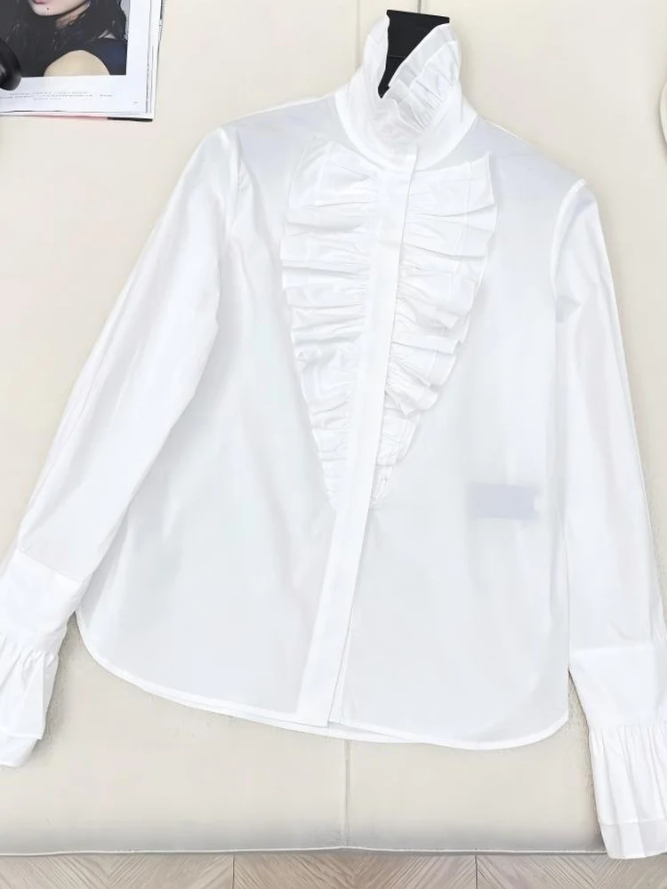 

Spring 2026 White Lace Trim Stand Collar Long Sleeve Women's Shirt Vintage Court Style Loose Fit Cotton 100% Fashion Ladies' ...