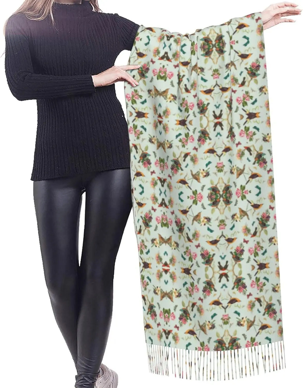 

Bird Pattern Print Fringed Scarf Lightweight Women'S Fashion Scarf Soft Wrap Shawl Tassel Scarf Gift Gift Women Spring Fall