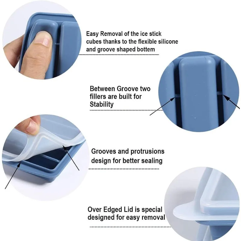 صينية مكعبات الثلج، صينية عصا ثلج طويلة من السيليكون مع غطاء، عصا ضيقة مستطيلة، قالب ثلج سهل الإصدار لأدوات بار كوكتيل العصير