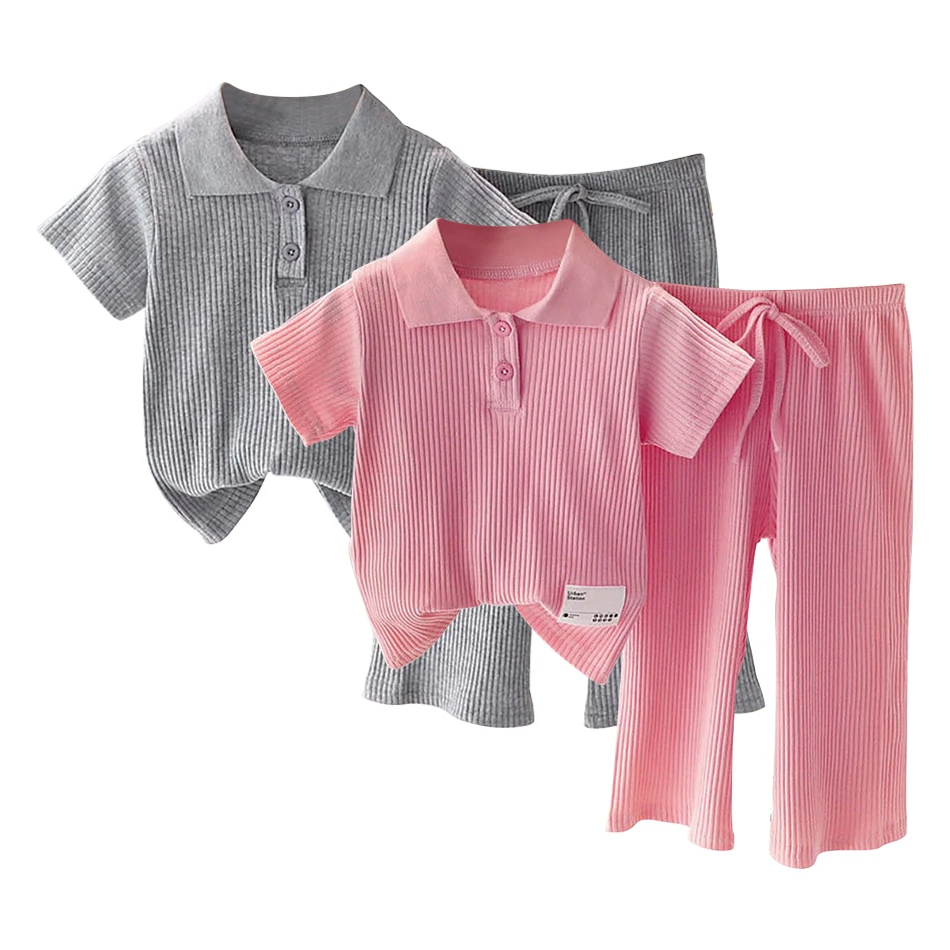 

Adorable and Casual Summer Outfit Girls Pitted Knit Sporty Short Sleeve Top and Pants Set Comfort and Style Children Sets