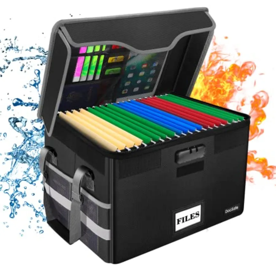 

Fireproof Document Box with Lock File Storage Organizer with Mesh Pockets Collapsible Portable File Box Home Office Safe Filing