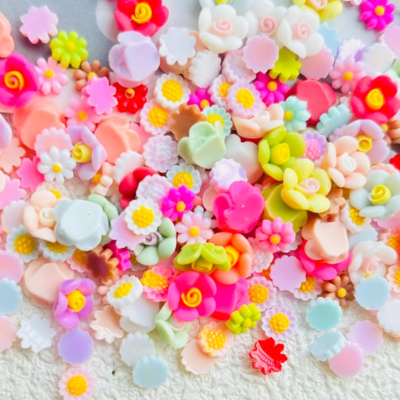 100 szt. żywicznych mieszanych kwiatów z płaskim tyłem, stokrotki, słoneczniki, wypukłe okrągłe ozdoby do scrapbookingu, DIY, zdobienia paznokci, spinek do włosów z akcesoriami A37