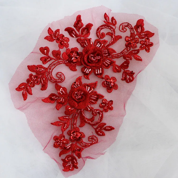 1Pair Multicolor DIY Handmade Beaded Mirror Lace Flower Applique.Patch.Wedding Dress Accessories Lace Mending Clothes 23*14CM