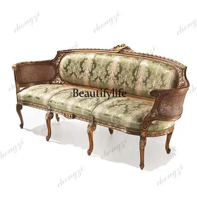 Rural solid wood sofa three retro carved natural rattan French medieval leisure