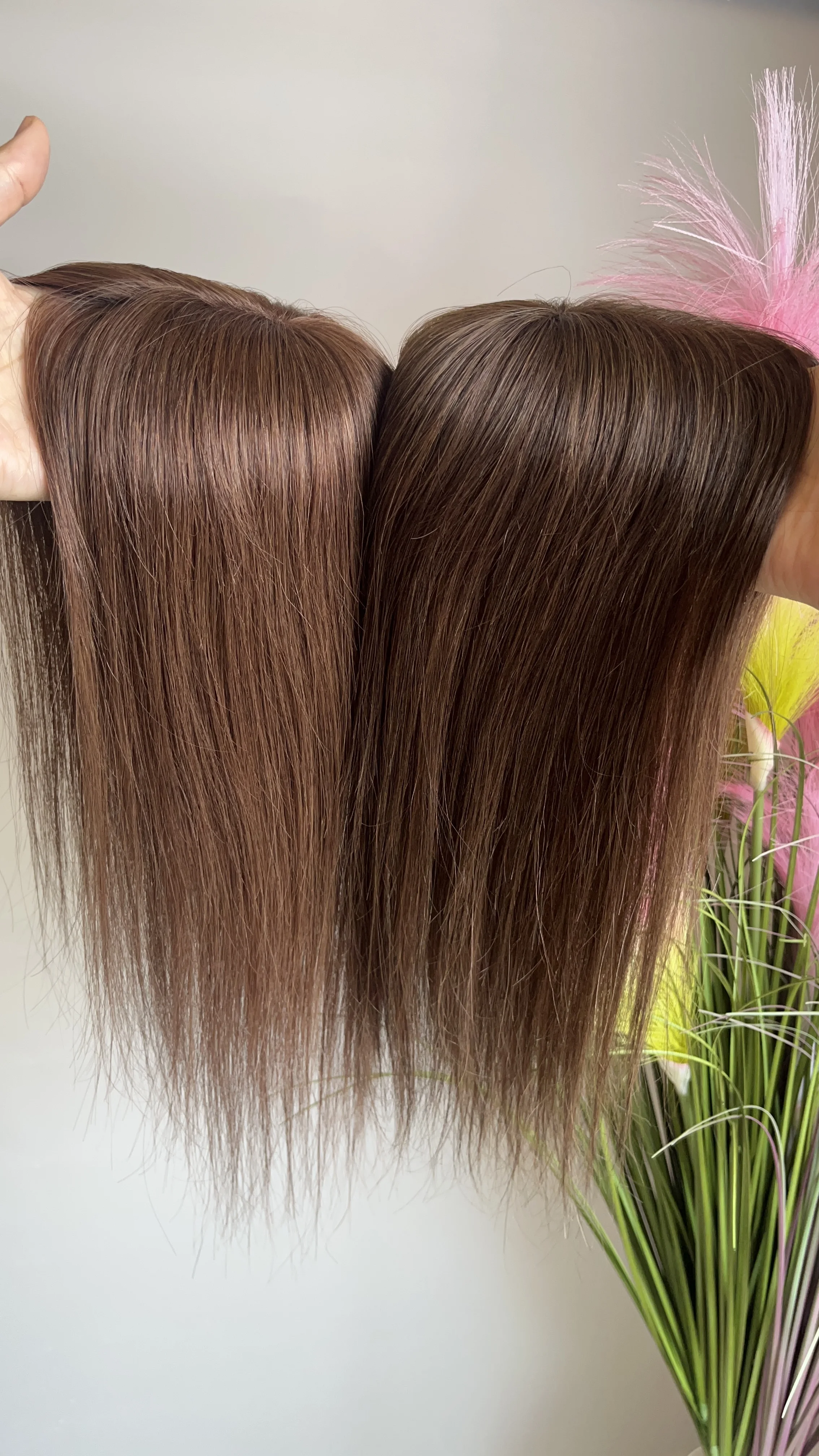 ブラウン人毛ヘアピース 02 04 本物の自然なクリップインヘアピース 5x5インチ モノラル大型ベース 46g 手植え 12インチ 30cm