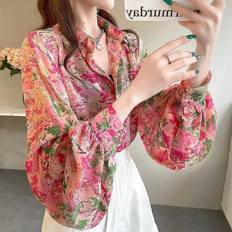 Fashionable Pink Floral Print Shirt Women's Early Spring New Loose Lantern Sleeve Chiffon Top Turn-down Collar Workwear