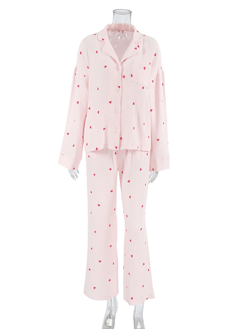 Marthaqiqi stampa donna Sleepwear Suit camicie da notte a maniche lunghe Sexy colletto rovesciato pantaloni da notte set pigiama in cotone Casual