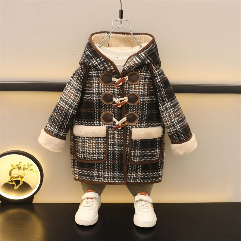 Thicken Boys Woolen Jackets Winter Warm Children Outerwear Kids Hooded Long Wool Overcoat 2024 New Teenager Cotton Clothes 5-12Y