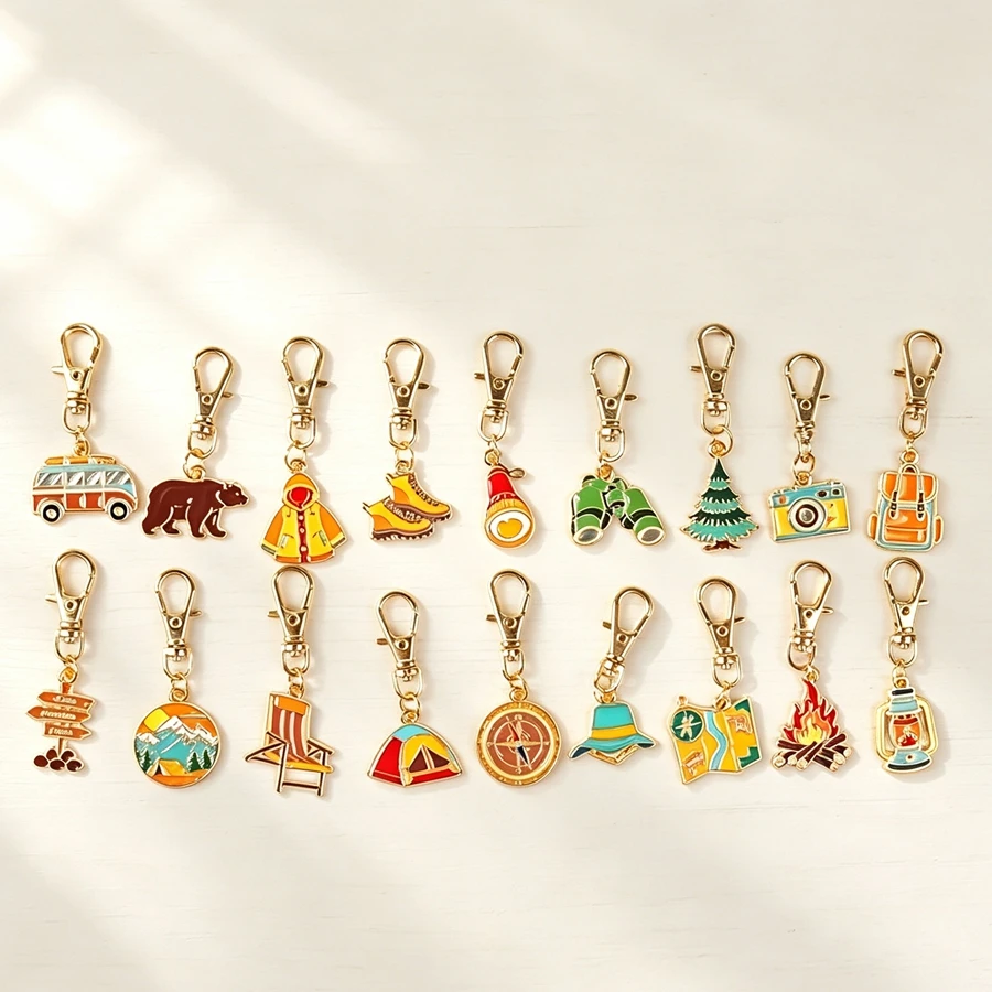 18Pcs Mountaineering Travel Keychains, Suitable as Backpack Pendants, Travel Souvenir Pendants, and Car Keychain Decorations.