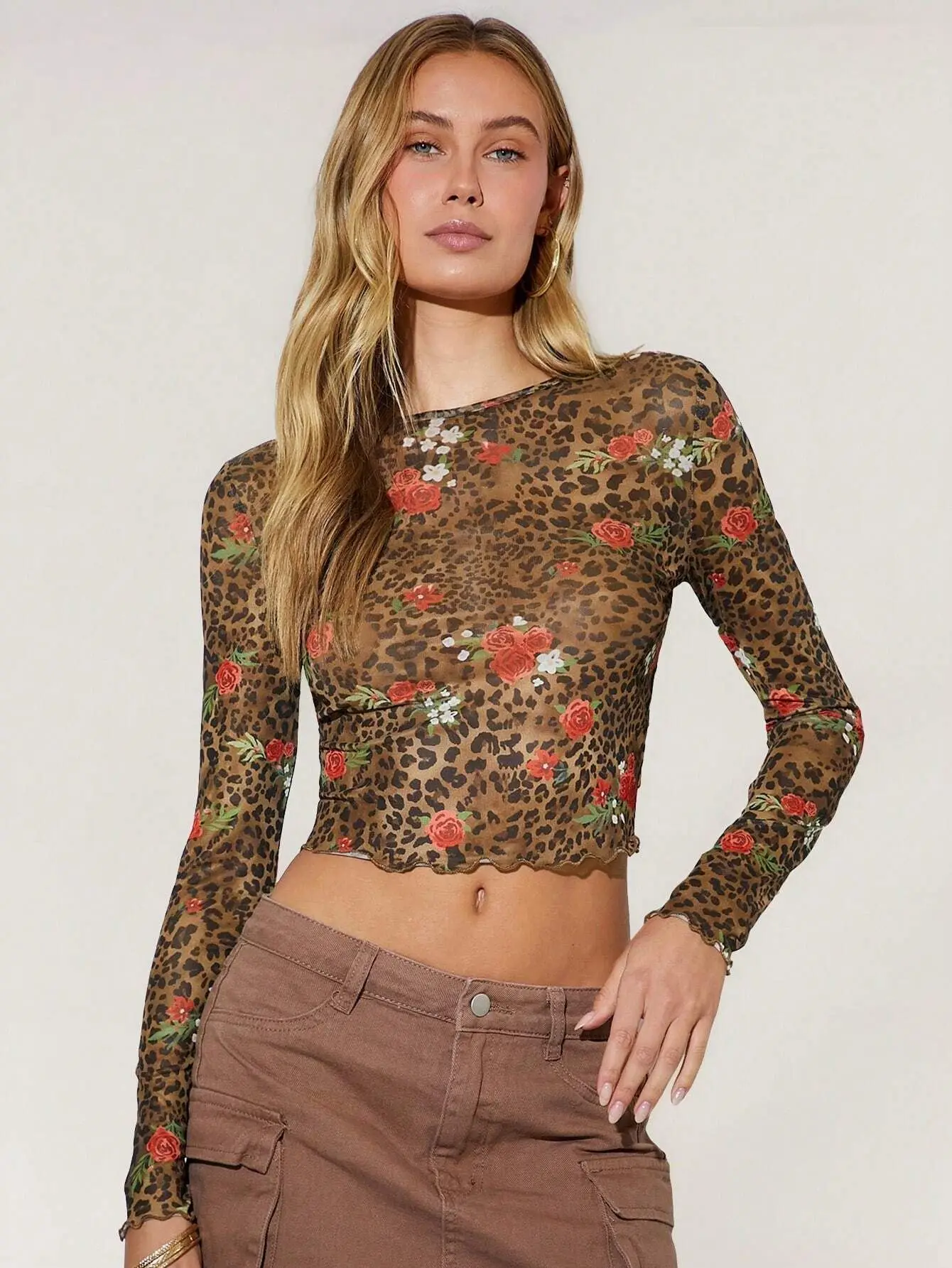 

European And American 2025 Spring And Summer New Women's Leopard Floral Print Mesh Crewneck Short Long Sleeve T-shirt Top