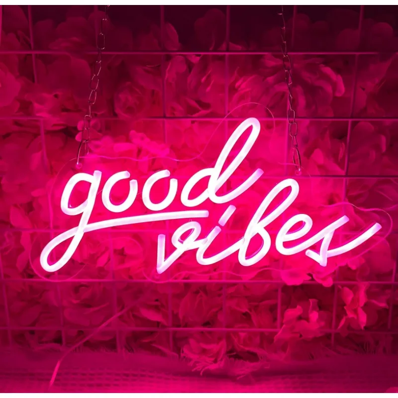 

Pink Good Vibes Neon Signs for Wall Decor Lights Bedroom USB Powered LED Girls Dorm Office Party Decorations Blue 16 x 8 inches