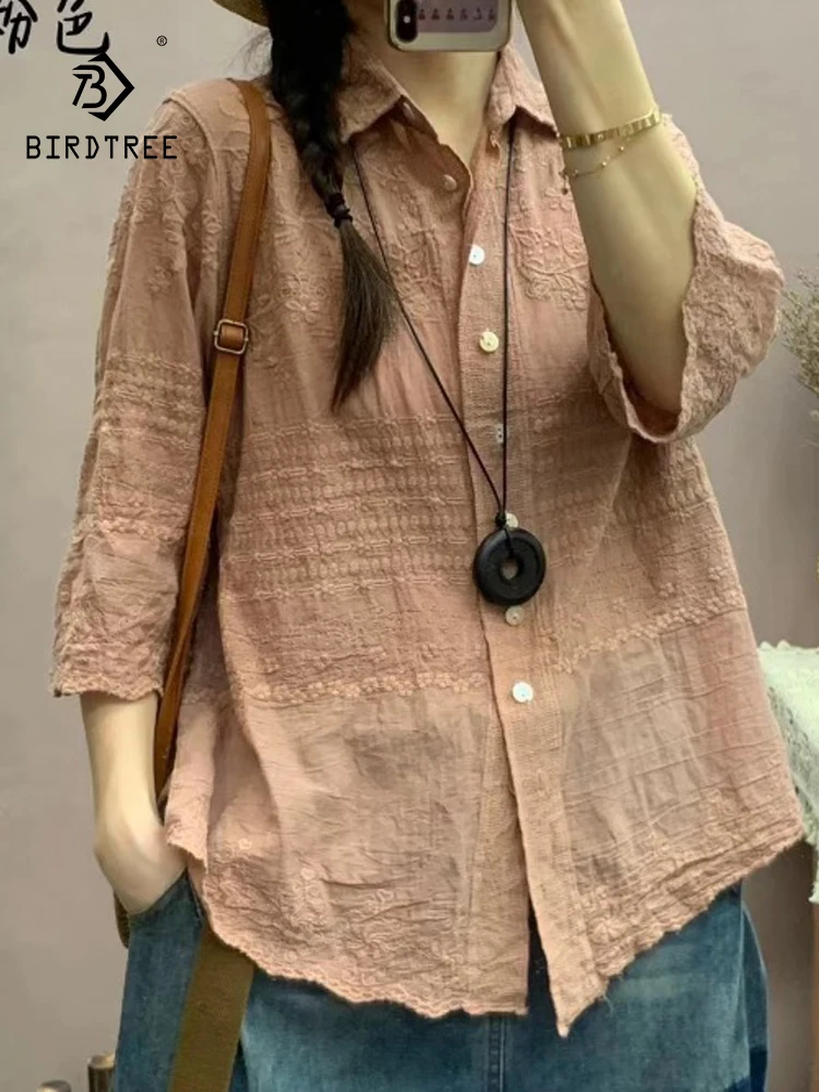 

New Summer Cotton Half Sleeve Shirts Woman Lapel Embroidery Retro Top Mori Girl Casual Loose Sweet Blouses 2024 Autumn T47561QC