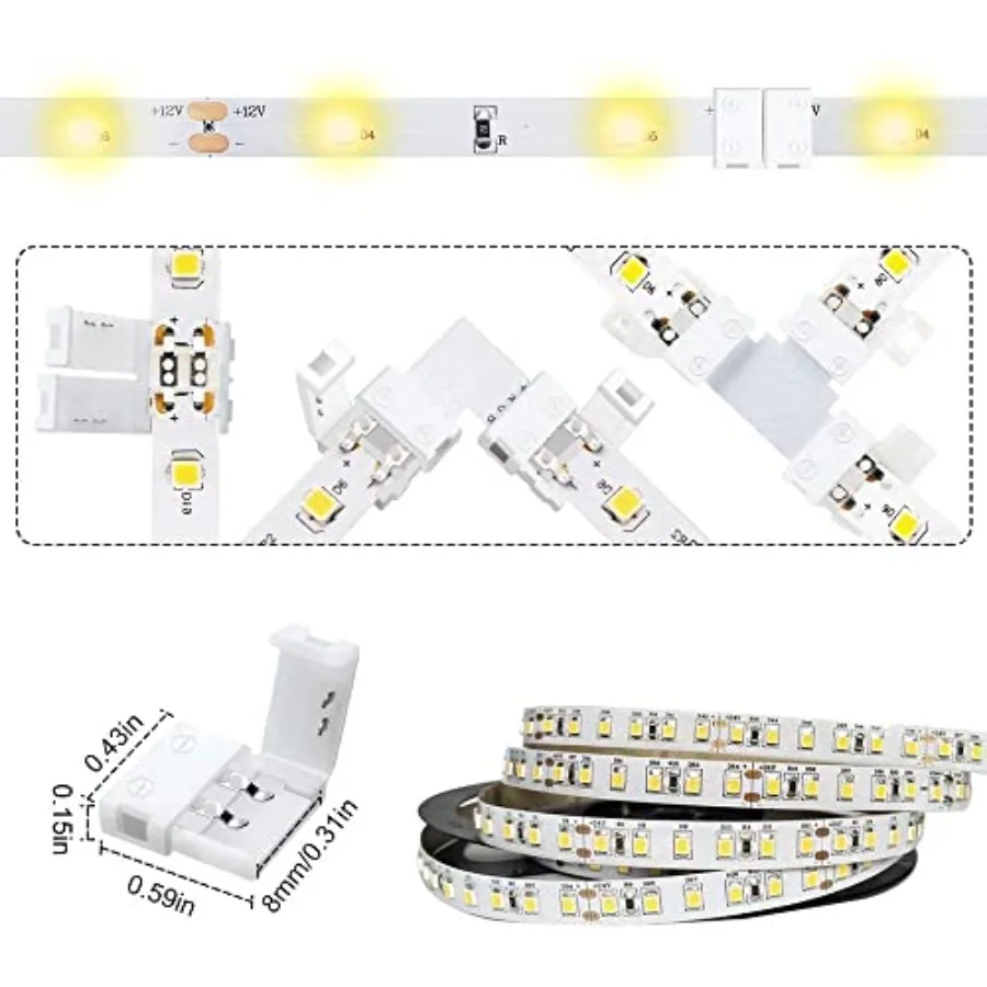 2 Pin LED Strip Light Connector Kit, 8mm Solderless Adapter Connectors, LED Strip Accessories Set for 8mm Wide 3528 2835 Single