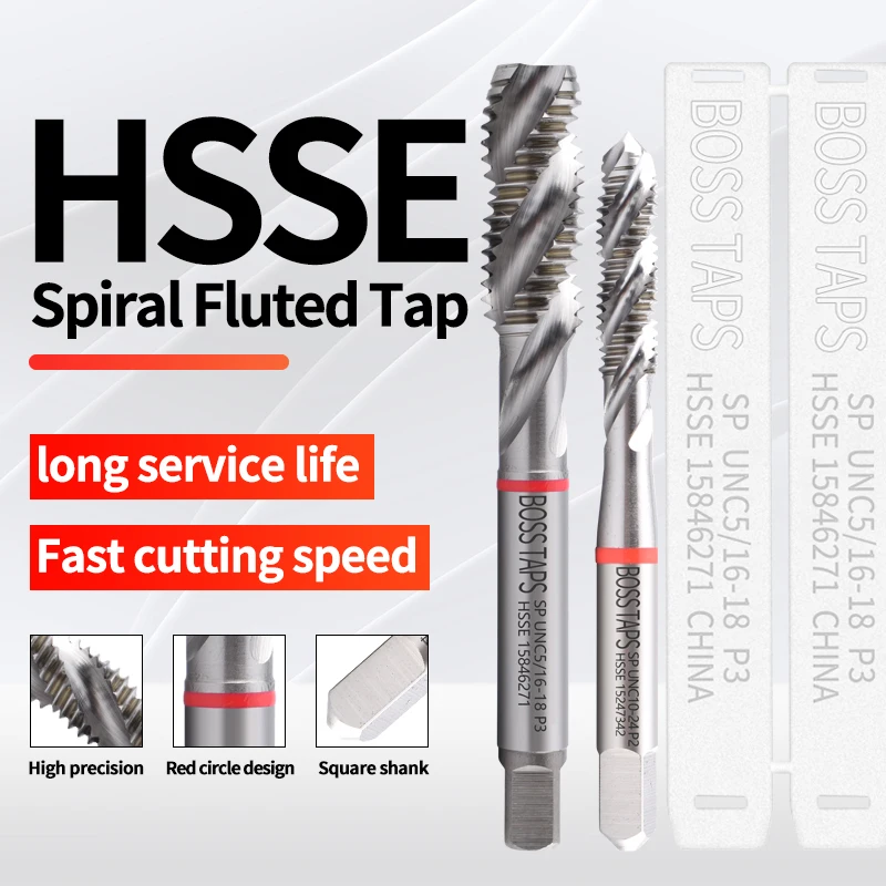 BOSS TAPS HSSE-M35 JIS Standard Red Ring Spiral Fluted Tap UNC UNF 2-56 4-40 6-32 8-32 10-24 1/4 3/8 Machine Screw Thread Taps