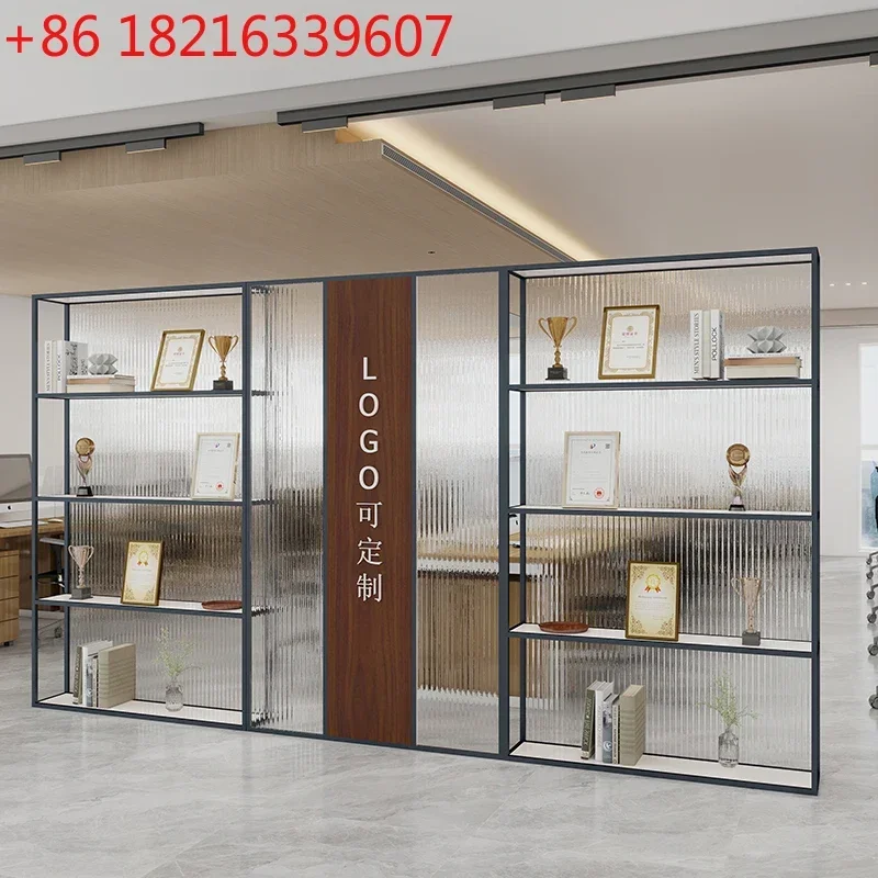 Company front desk image wall, medal display, shelf, door entrance, entrance cabinet, glass screen
