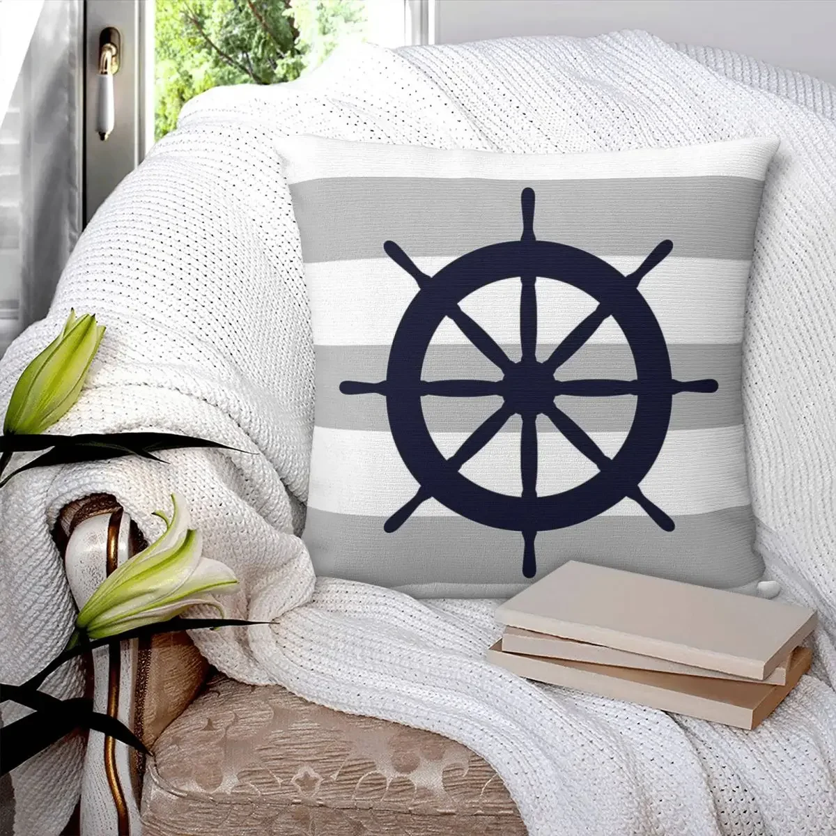 Nautical Navy Blue Ship's Steering Wheel On Red Stripes Pillowcase Cushion Comfort Throw Pillow Sofa Decorative Cushions Used