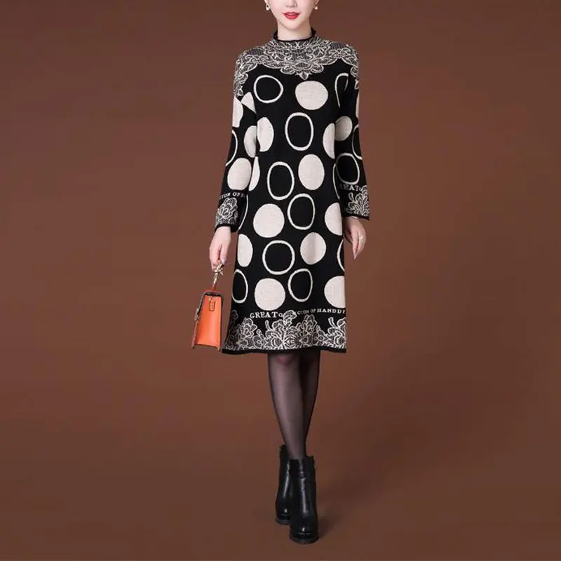 

Fashion Vintage Printed Midi Dress Women's Clothing Long Sleeve Casual Polka Dot Autumn Winter Half High Collar Knitted Dresses