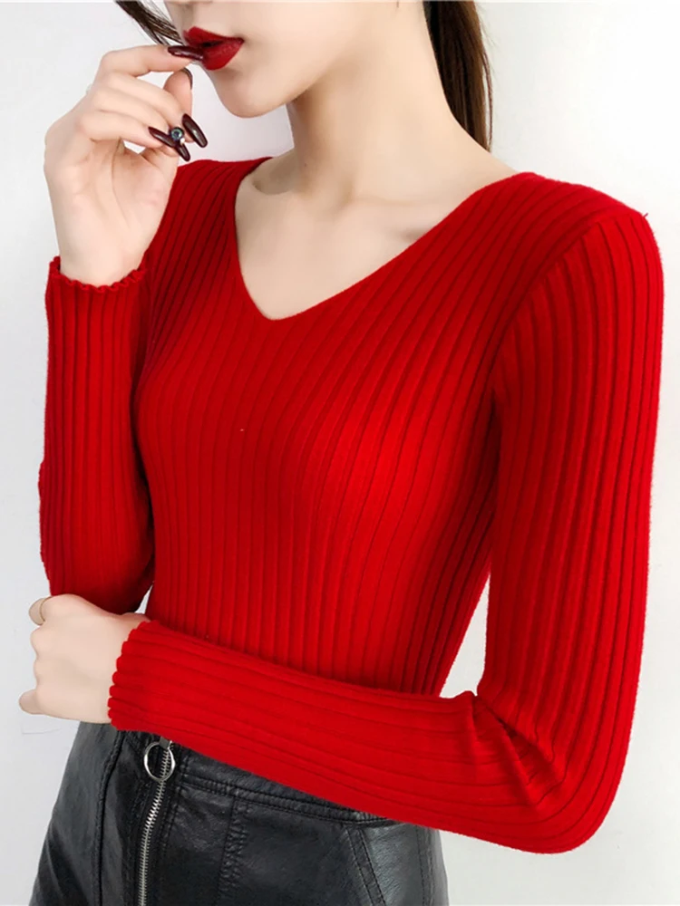 2024 V Neck Women Autumn Winter Sweaters Slim Knitted Pullovers Soft Warm Solid Jumper Female Sweater Casual Knitwear Jersey Top