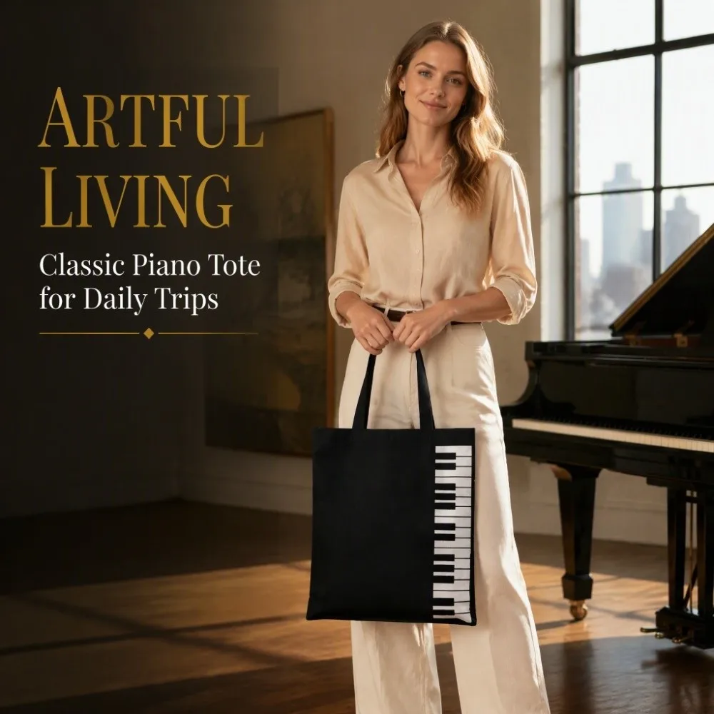Reusable Music Handbag Black + White Large Capacity Shopping Shoulder Bag Non-woven Fabric Piano Keys Tote Daily Commute