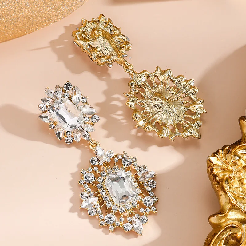Cross-border novo estilo retro palácio brincos de cristal incrustado exagerado luxuoso espumante diamante elegante elegante socialite