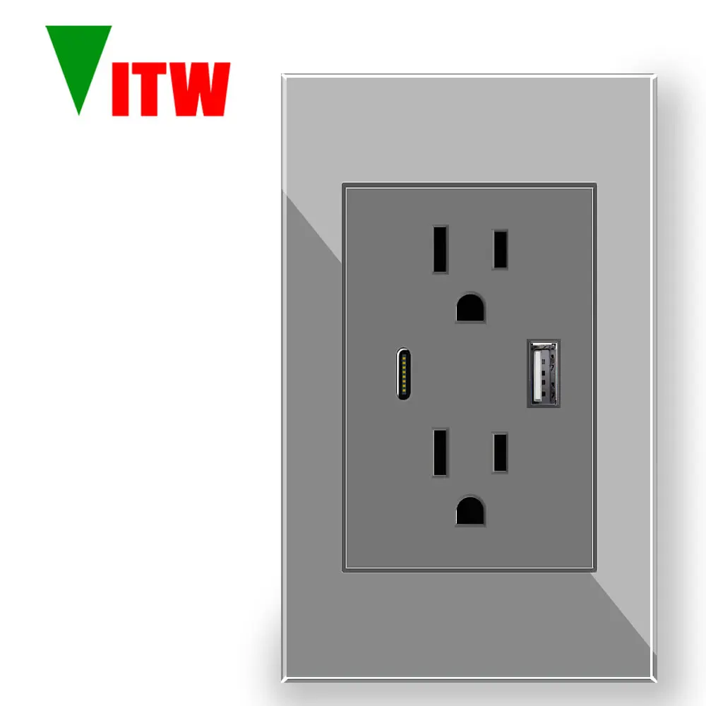 Vitw 15A American dual USB power socket, A+C charging port, tempered glass panel AC 110-250V 120mm X 72mm, Japanese wall socket