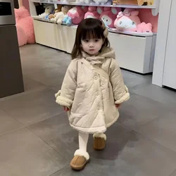 Girls Lamb Fleece Coat Thickened Fleece Winter Baby Girl Korean Medium Length Two-sides Wearing Loose Hooded Cotton Coat