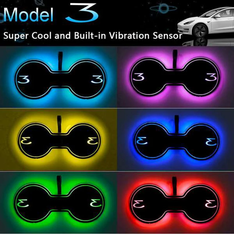 Car Led Mat Luminescent Cup Pad 7 Colorful USB Charging RGB Intelligent Interior Atmosphere Lamp For Tesla