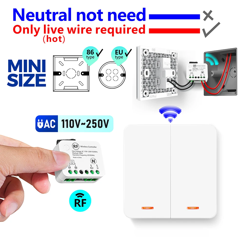 Miniaturowy przełącznik światła z pilotem RF433MHZ, nie wymaga przewodu neutralnego, AC 110V~250V, przekaźnik do pojedynczego przewodu podnapięciowego, bezprzewodowy przełącznik panelowy 86. — zdjęcie produktu 7
