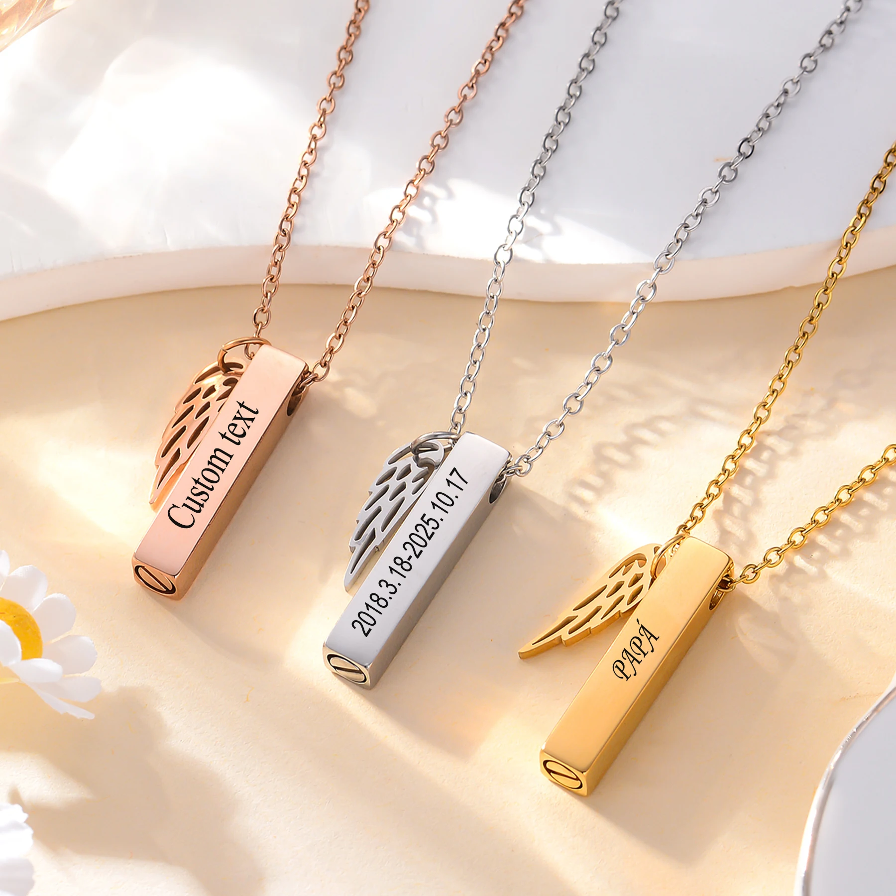 Customized 4 sides Engraved Stainless Steel Cremation Urn Pendants Angel Wing Urn Locket Necklace Ashes Holder Memory Jewelry