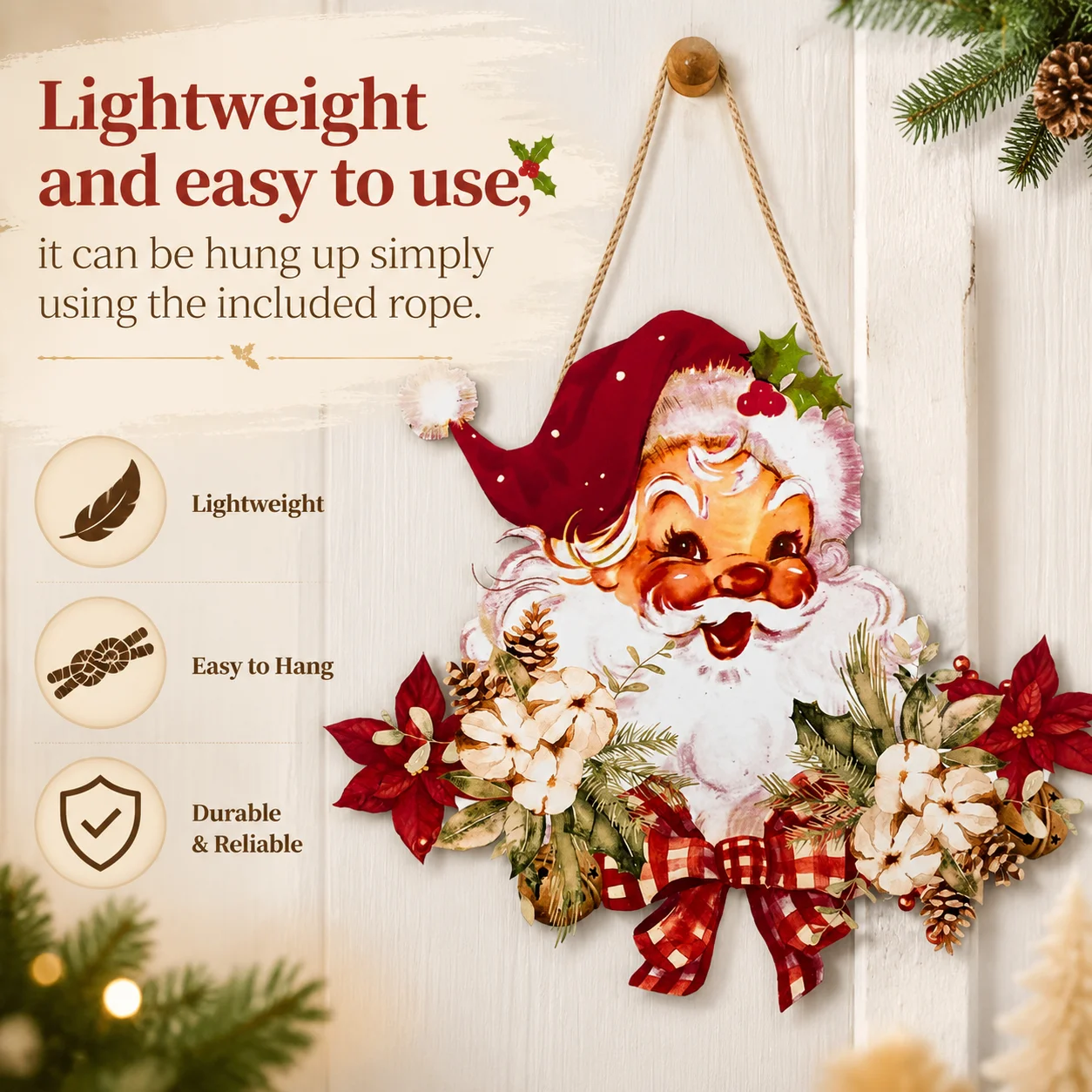 2D Flat Christmas Wooden Plaque Door Hanger Santa Claus Rustic Pre Installed Hemp Rope Party Wall Decor for Indoor Outdoor