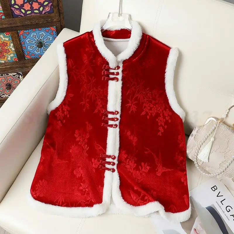 New Chinese Style Jacquard Vest Autumn Winter Thick Tank Top Vintage Button Waistcoat Large Size 4XL Outerwear Hanfu Tang Top