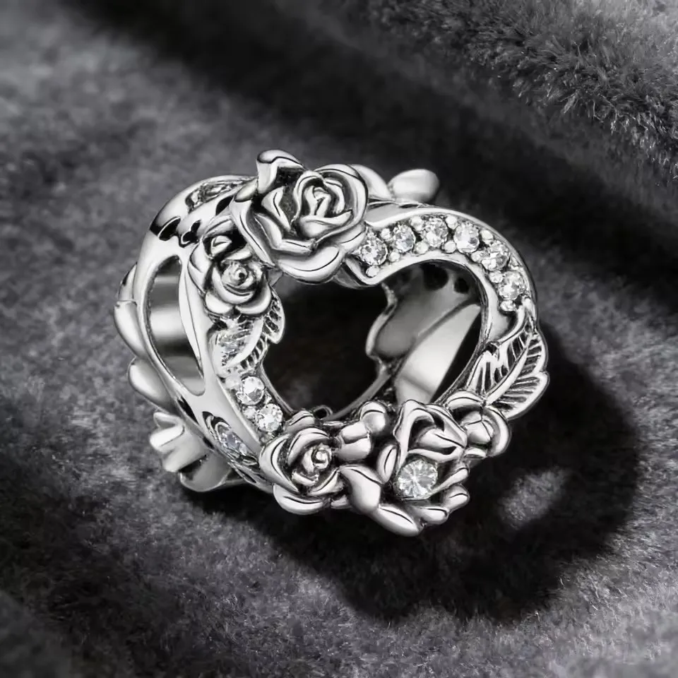 Minimalism S925 Silver Heart Cube Rose Shape Charms Hollow Engraved Inlaid Zircon Charm Fit Bracelet Women Jewelry Mother Gift