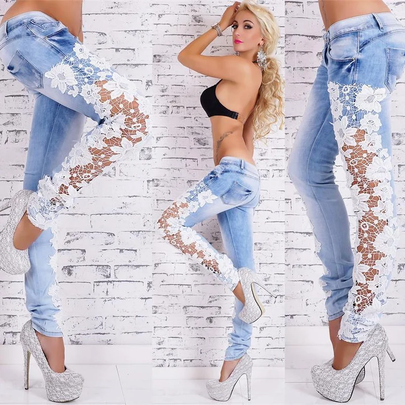 Sexy Ele taille haute jean slim Denim évider Waed crayon rue Sle pantalons décontractés pour les femmes été