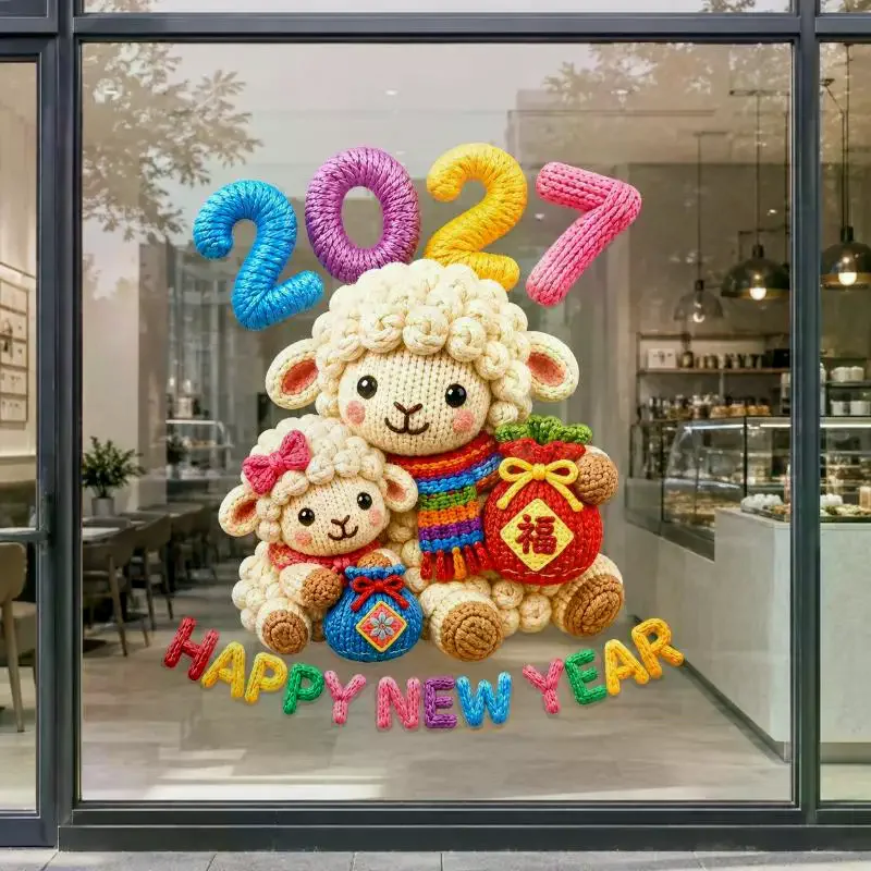 2027 Imitation Knit Lamb Window Sticker Easy to Apply Happy New Year Sheep Decal for Christmas Holiday Home Decor