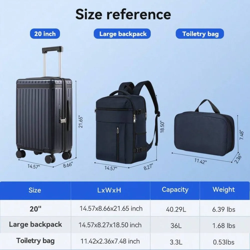3 Piece 20 Inch Carry On Luggage Set Hard Shell Suitcase with Travel Backpack and Makeup Bag TSA Lock 360 Degree Spinner Wheels Lightweight Durable ABS PC Material Expandable Rolling Suitcase for Women Men Business Weekend Travel Fits Airline Overhead Bin view 8