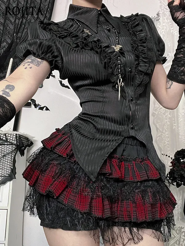 

Gothic Black Red Plaid Lolita Skirt Set Punk Gothic Lolita Outfit Short-sleeved Top Subculture Spice Girl Wear Suit Puff Skirt