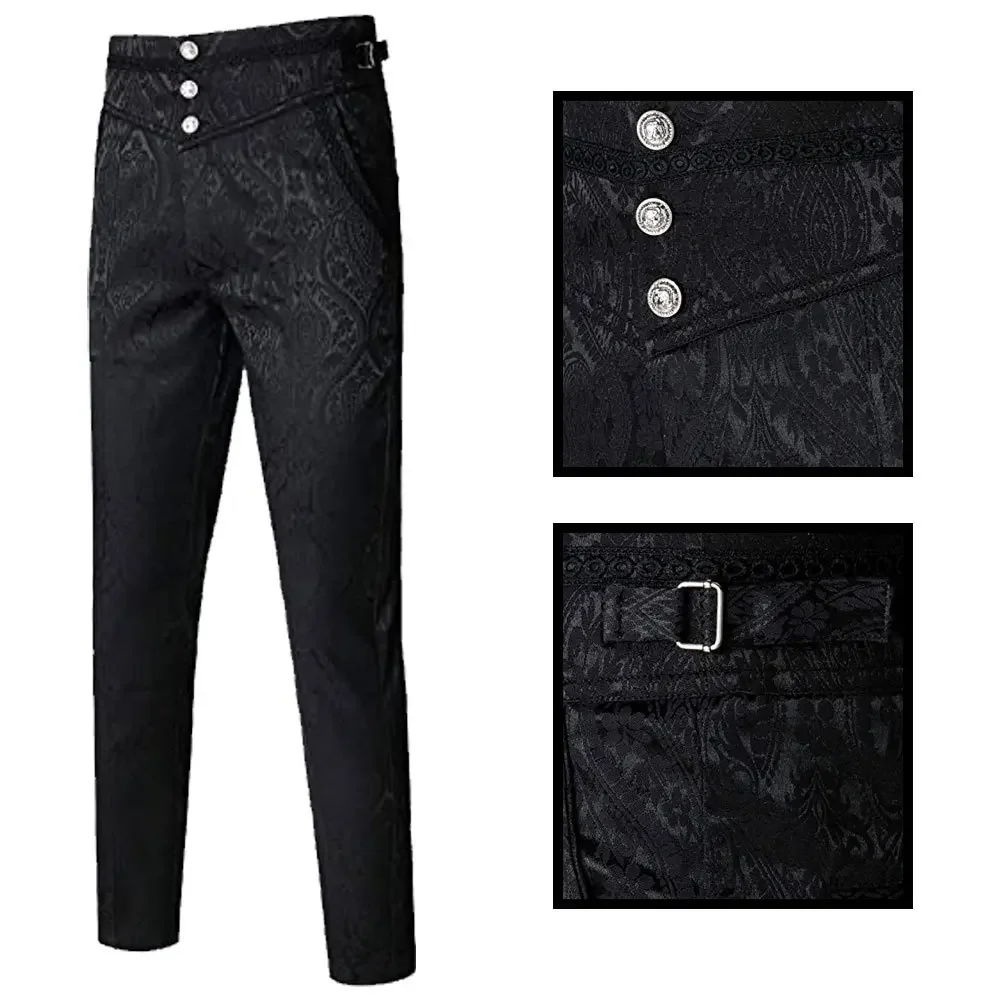 Men's Medieval Steampunk Pants Jacquard Leather Stylish Black Gothic Slim Fit Victorian Noble Vintage Trousers S-3XL