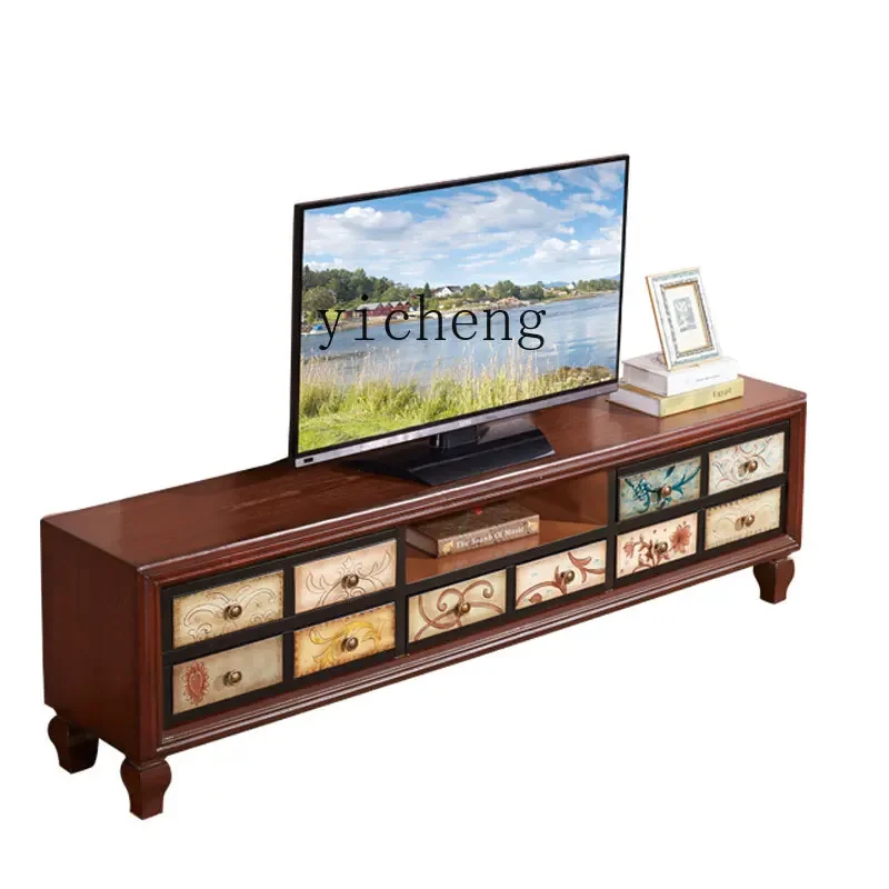 

ZC TV Cabinet Unit Painted Distressed Solid Wood Locker Idyllic Living Room Simple Mediterranean Floor Cabinet